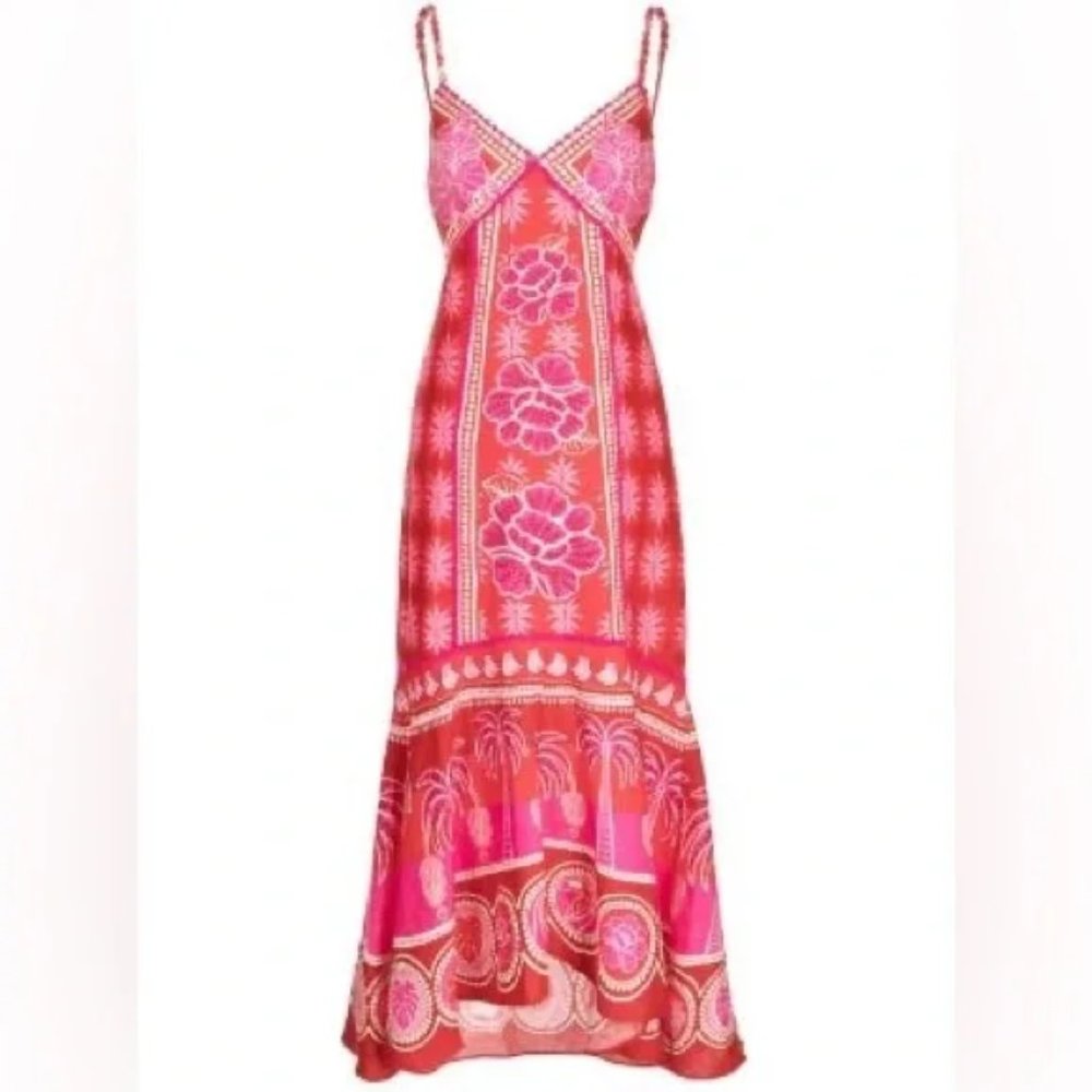 FARM Rio Vibrant Red and Pink Floral Midi Dress